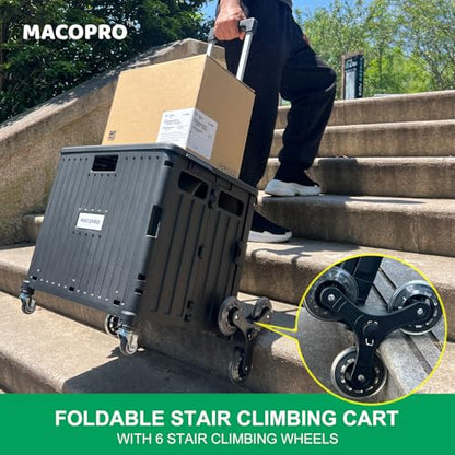 MACOPRO Foldable Utility Cart with Stair Climbing Wheels, Collapsible Rolling Crate with Telescoping Handle, Folding Shopping Trolley Handcart Grocery Book File Tool Teacher Storage Basket (Black) - color: Black