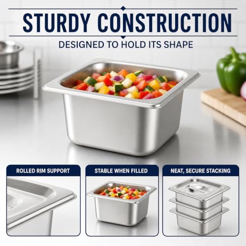 6 Pack Stainless Steel Hotel Pans with Lids, 1/6 Size 4 Inch Deep Steam Table Food Pans for Catering, Buffet and Food Prep - color: 1/6, size: 4inch