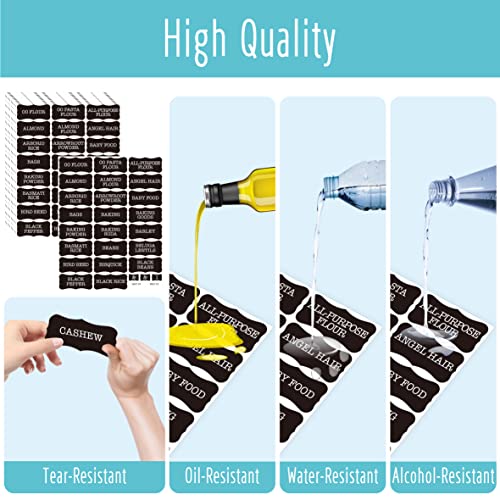 Hebayy 308 Pantry Food Labels, 280 Preprinted Flour Pasta Lentil Grain Condiment Oil Stickers, 28 Blank Ones, Waterproof Oil&Tear Resistant, No Residue for Kitchen Containers Jars(White on Black) - style: Style 4