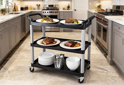 Commercial Heavy-Duty Utility Service Cart | 3 Shelf | | 450 Lbs Max Capacity | Rolling Utility Cart W 33" x H 37" x D 16" Black