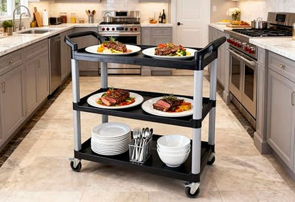 Commercial Heavy-Duty Utility Service Cart | 3 Shelf | | 450 Lbs Max Capacity | Rolling Utility Cart W 33" x H 37" x D 16" Black