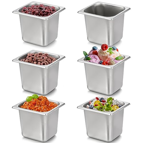 TOPZEA 6 Pack Hotel Pans, 1/6 Size 6" Deep Stainless Steel Steam Table Pan Commercial Heavy Duty Catering Pan for Buffet Serving, Food Prep, Salad & Ice Cream Bar, Restaurant, Dishwasher Safe