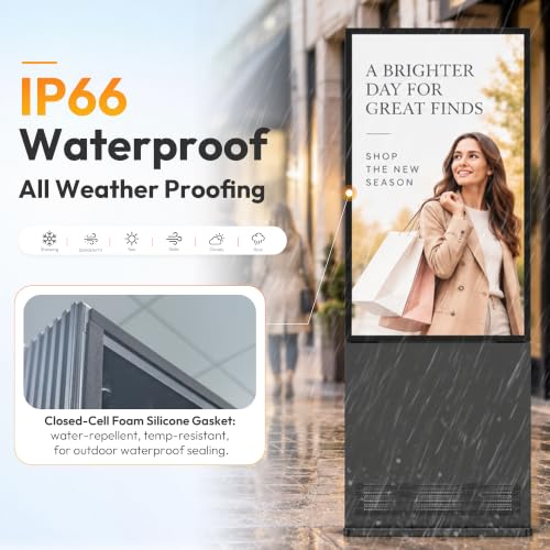 55 Inch Outdoor Digital Signage, 3000 Nits Sun Readable Commercial LCD Advertising Screen, IP66 Waterproof Dustproof, IK10 Vandal & UV Resistant, 24/7 All Weather Kiosk with Remote Content Management - size: 55 Inch New