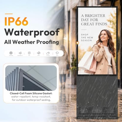 55 Inch Outdoor Digital Signage, 3000 Nits Sun Readable Commercial LCD Advertising Screen, IP66 Waterproof Dustproof, IK10 Vandal & UV Resistant, 24/7 All Weather Kiosk with Remote Content Management - size: 55 Inch New