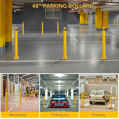 48 Inch Height Heavy Duty Safety Bollard Post, 4.5 Inch Diameter Steel Parking Bollard Post, High Visibility Yellow Powder Coated with Base & Anchor Bolts for Traffic Control, Driveway Barrier - size: 48 Inch