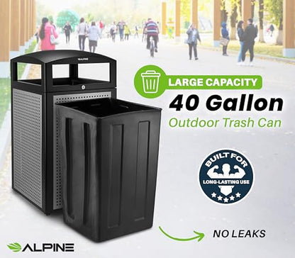 Alpine 40-Gallon Outdoor Commercial Trash Can with Locking Lid – Heavy-Duty Weather-Resistant Metal Garbage Bin with Removable Liner for Parks, Restaurants & Public Spaces