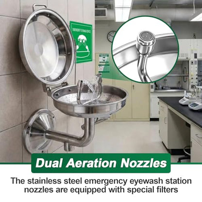 LEIFIDE Emergency Eye Wash Station with Cover and Sign Wall Mount First Aid Eyewash Station Stainless Steel Plumbing Eye Washing Unit with Dual Spray for Lab, Factory, Office, NPT Threaded