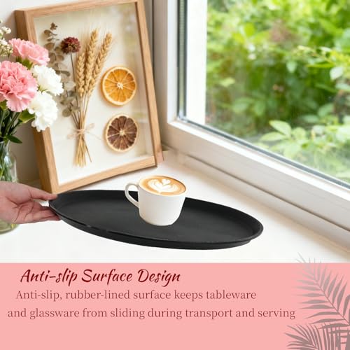 9 Pcs 16 Inch Large Restaurant Serving Trays Black Round Non Slip Plastic Tray with Rubber Lined for Bar Drink Cafeteria Food Coffee Table Hotel Party