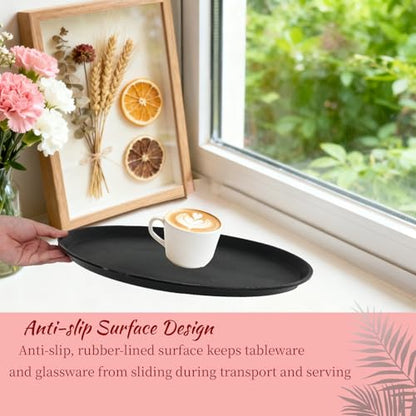 9 Pcs 16 Inch Large Restaurant Serving Trays Black Round Non Slip Plastic Tray with Rubber Lined for Bar Drink Cafeteria Food Coffee Table Hotel Party