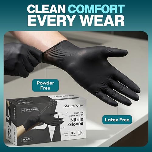Disposable Black Nitrile Gloves Large 50 Count - Extra Thick 4.5 Mil - Powder and Latex Free Rubber Gloves - Surgical Medical Exam Gloves - Food Safe Cooking Gloves - size: Large