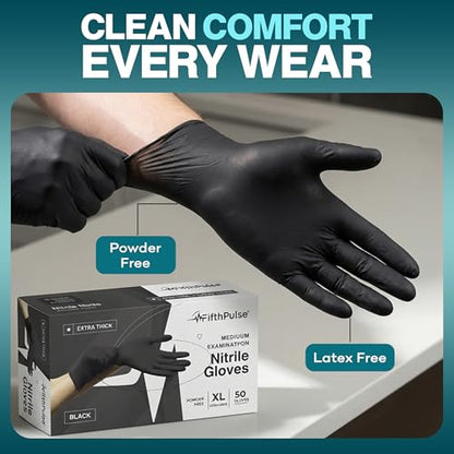 Disposable Black Nitrile Gloves Medium 50 Count - Extra Thick 4.5 Mil - Powder and Latex Free Rubber Gloves - Surgical Medical Exam Gloves - Food Safe Cooking Gloves - size: Medium
