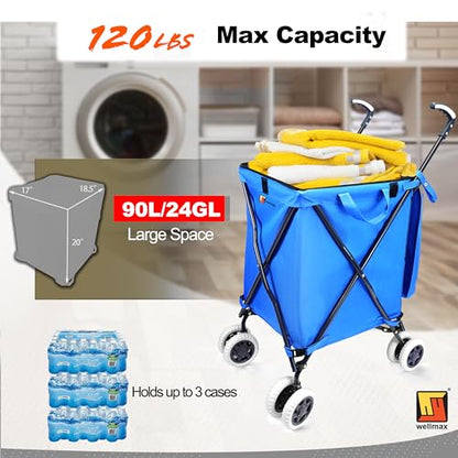Wellmax Folding Shopping Cart with Canvas Bag & Cover, Holds 120 lb, Blue - color: Blue