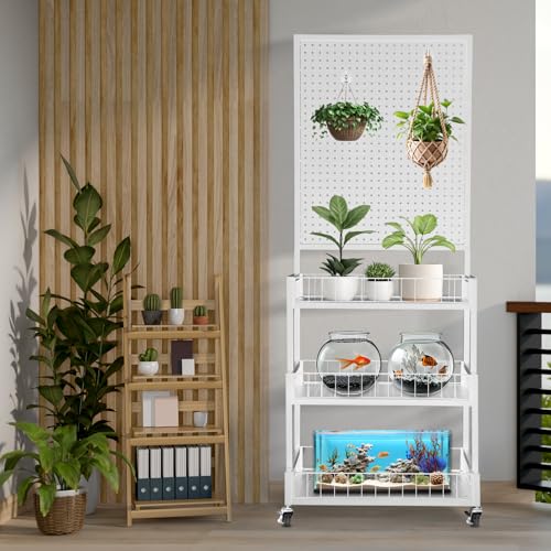 NectaCol Pegboard Panels, 3-Tiers Metal Pegboard Display Stand with Peg Board Panel, Standing Pegboard Display Rack, Craft Show Display, Art Display and Retail Display Stand with 10 Hooks - White - color: White