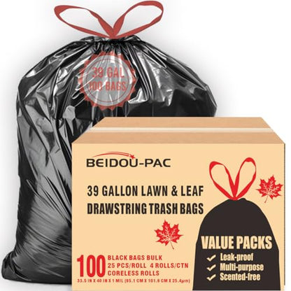 BEIDOU-PAC 39 Gallon Lawn & Leaf Trash Bags Drawstring, 100 Count, Heavy Duty Black & Unscented Plastic Bags, Multi-purpose Garbage Bags for Home Commercial, Outdoor, Construction, Industrial - style: 39 Gallon |100 Count