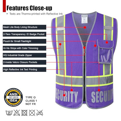 Security Vest for Men Women Reflective Safety Vest with 5 Pockets and Front Zipper Mesh High Visibility Vest Meets ANSI/ISEA 107-2015 Standards (Purple-22, X-Large) - color: Purple, size: X-Large