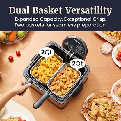 Elite Gourmet 4.5Qt Deep Fryer, Dual 2Qt Split Baskets, 1700W - color: Stainless Steel and Black, size: 2 Baskets