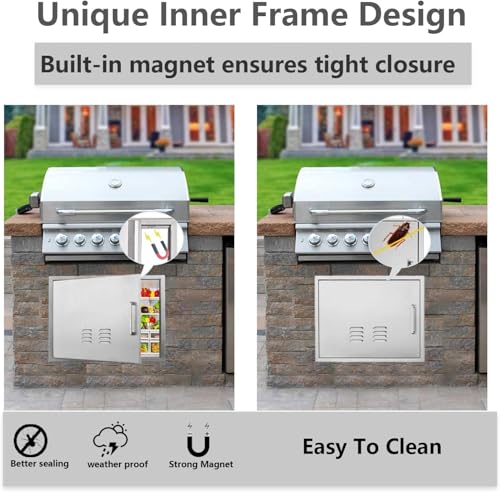 Outdoor Kitchen Doors, 27x20 Inch 304 Stainless Steel BBQ Access Door with Vent, Double Steel Doors for Outdoor Grill Island - size: 27W x 20H- Left