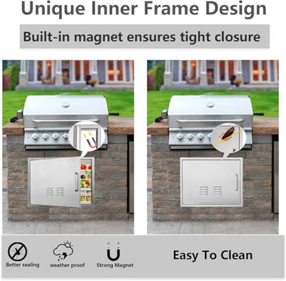 Outdoor Kitchen Doors, 27x20 Inch 304 Stainless Steel BBQ Access Door with Vent, Double Steel Doors for Outdoor Grill Island - size: 27W x 20H- Left