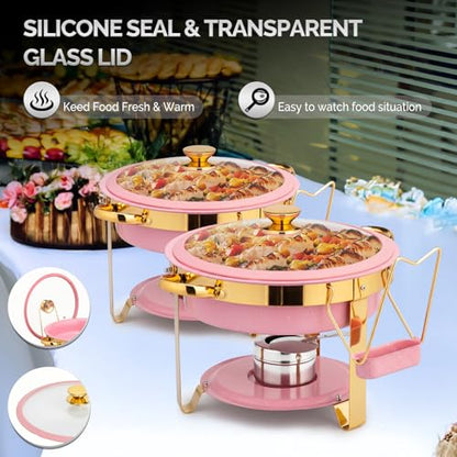 ROVSUN 6QT Chafing Dishes for Buffet 4 Pack, [Game Changer Maifanite-Coated] Chafing Dish Buffet Set, [Unique Pink & Gold Color] Chafers and Buffet Warmers Sets with Lid Holder for Party Wedding - color: Pink-gold
