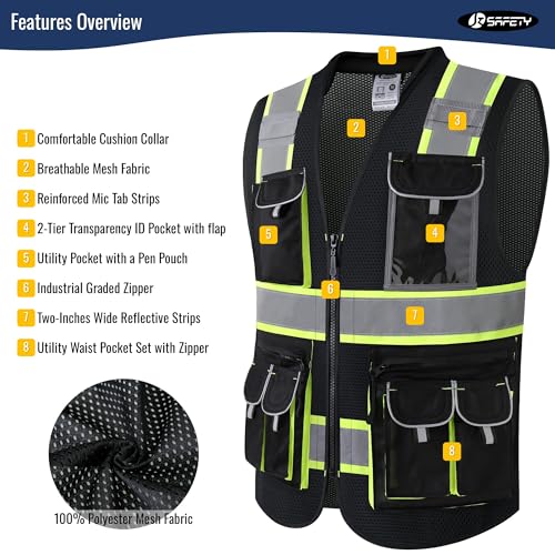 JKSafety Reflective Safety Vest for Men Cushioned Collar JK89M Black M - color: Mesh-black, size: Medium