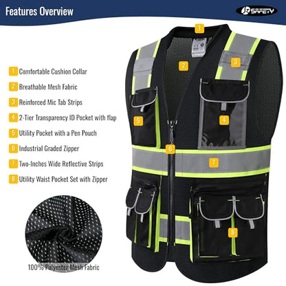JKSafety Reflective Safety Vest for Men Cushioned Collar JK89M Black M - color: Mesh-black, size: Medium