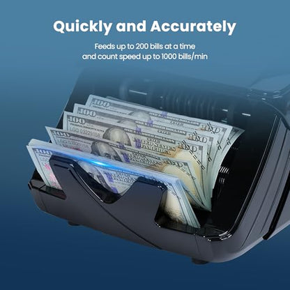 BODIOO Professional Money Counter Machine with UV/MG/IR/DD Detection, High-Speed 1000 Bills per Minute, USD and EUR Support, External LCD Display,Black