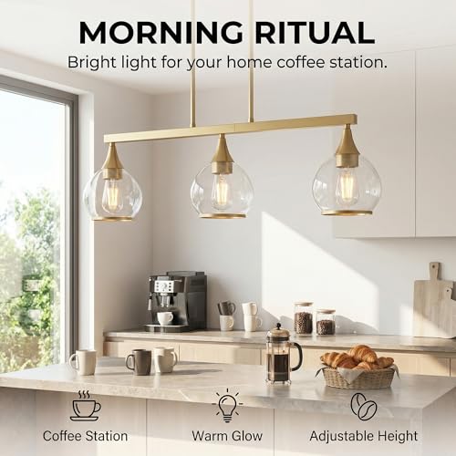 Phaosio Brushed Gold Kitchen Island Linear Pendant Light, 3-Light, E26 Base - color: Gold, size: 3-Light
