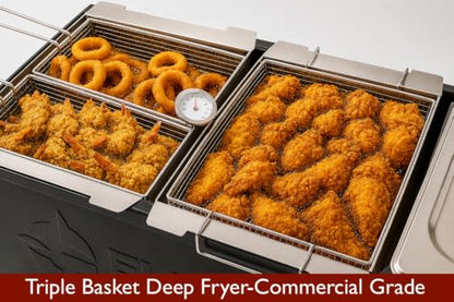 Triple Propane Deep Fryer-3 Basket Stainless Steel Cooker-8 Gal. Oil Capacity-32 QT.-Outdoor Fish Fry/Turkey/Chicken Wings Deep Fryer-148,000 BTU with Hose and Regulator-Ideal for Home & Commercial