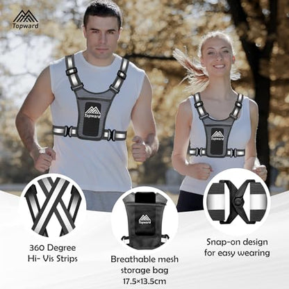 Topward Running Vest Chest Phone Holder for Women Men, Reflective Vest Safety Gear for Dog Walking Cycling - Adjustable Waist/Shoulder - color: Black