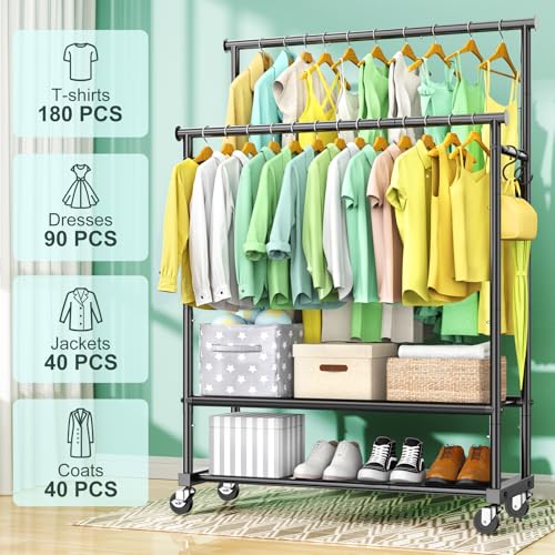 Double Rods Clothes Rack for Hanging Clothes, Heavy Duty Rolling Clothing Rack with Wheels, Freestanding Garment Racks with Oxford Bottom Shelf and Mesh Bottom Shelf for Bedroom Laundry Living Room - color: Black