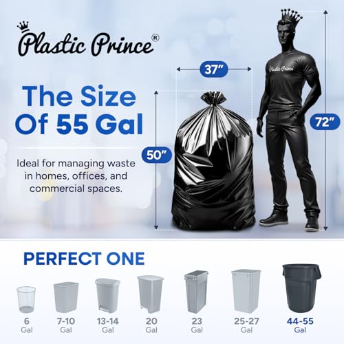 Plastic Prince 37" x 50" 55 Gallon 2 Mil Black Trash Bags, 10 Rolls of 10 Bags Total of 100/Case - style: 2 Mil