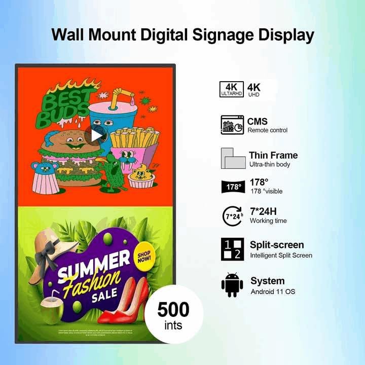 43inch Wall Mount Digital Signage, 500nits High Brightness Advertising Display, 4K UHD IPS Digital Signage Display, CMS/U-Disk Plug&Play, Smart Split Screen, 7/24 Timer Switch， Android 11OS - size: 43" 4K 500nits
