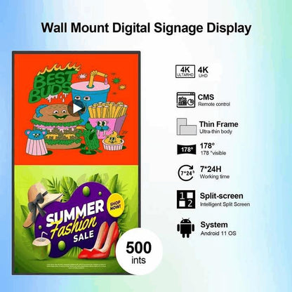 43inch Wall Mount Digital Signage, 500nits High Brightness Advertising Display, 4K UHD IPS Digital Signage Display, CMS/U-Disk Plug&Play, Smart Split Screen, 7/24 Timer Switch， Android 11OS - size: 43" 4K 500nits