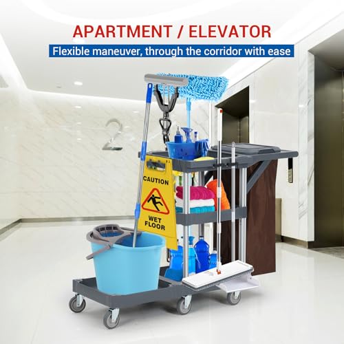 Commercial Traditional Janitorial 3-Shelf Cleaning Cart, Janitorial Carts on Wheels with Cover and Vinyl Bag, Custodial Cart, Housekeeping Carts for Hotels, Stores, Schools, and Business