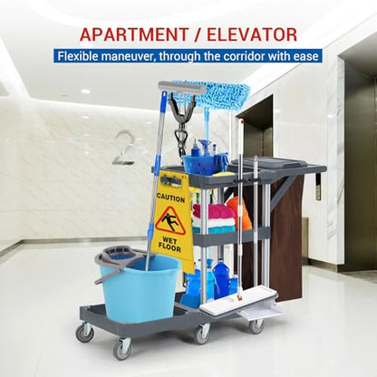 Commercial Traditional Janitorial 3-Shelf Cleaning Cart, Janitorial Carts on Wheels with Cover and Vinyl Bag, Custodial Cart, Housekeeping Carts for Hotels, Stores, Schools, and Business