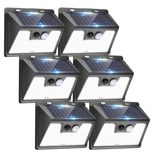 Peasur Solar Lights Outdoor Motion Sensor, 6 Pack 140 LED Solar Powered Fence Light Waterproof, 3 Modes Security Wall Lighting for Outside Yard Deck Garden - color: Black Frame, size: 6 Pack