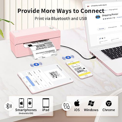 JADENS Bluetooth Thermal Shipping Label Printer, Wireless 4x6 Label Printer - color: Pink