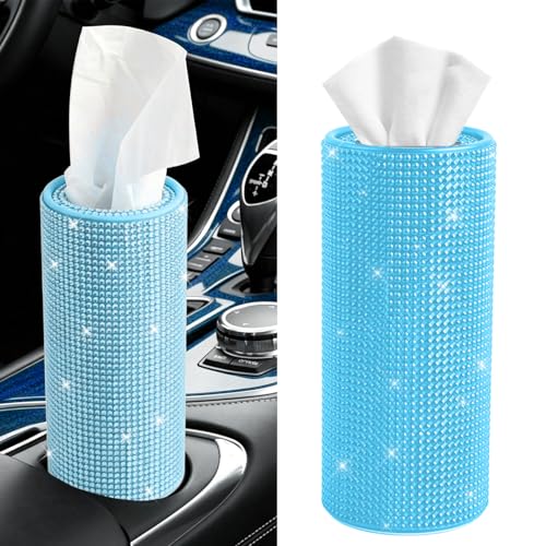 Bling Car Tissue Holder for Cup Holder, Car Organizer, Sparkly Diamond Automotive Interior Tissue Cylinder Storage Box, Cylinder Tissue Dispenser for Cars Decor Universal for Most Cars (Blue) - color: Blue