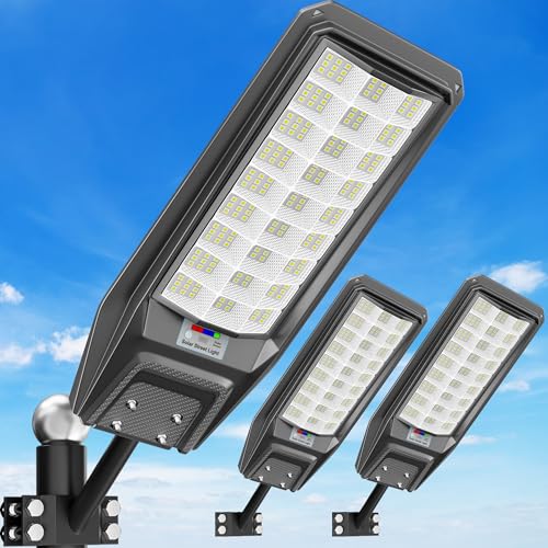 9500W Solar Street Light Outdoor Waterproof, 250000LM Large Commercial Light Solar Powered Dusk to Dawn LED Security Flood Lights with Remote/Motion Sensor, IP67 for Parking Lot/Garden/Yard - size: XXL--3Pack