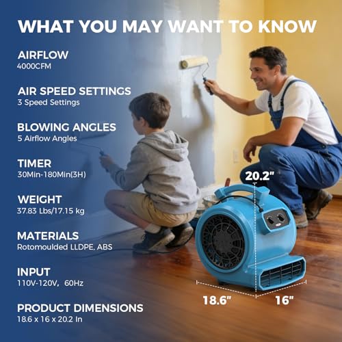 ALORAIR Air Mover 3 Speed Floor Drying Fan 5 Angle Blower Fan - GE4000T - size: Large