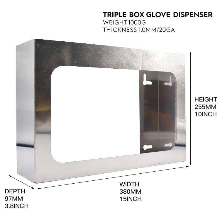 1 Pack Commercial Grade Stainless Steel Triple Box Glove Dispenser Tissue Box Holder W15 x D3.8 x H10/Two-Way Keyhole for Vertical Horizontal Loading Adjustment/Wall Mounting Screw Included