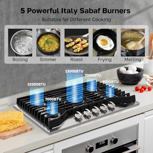 ThermoMate Heavy 30 Inch Gas Cooktop with 5 Italy Sabaf Power Burners, Built In Stove Top of 304 Stainless Steel, Gas Hob NG/LPG Convertible, Thermocouple Protection CSA Certified - size: 30 inch 5 burners