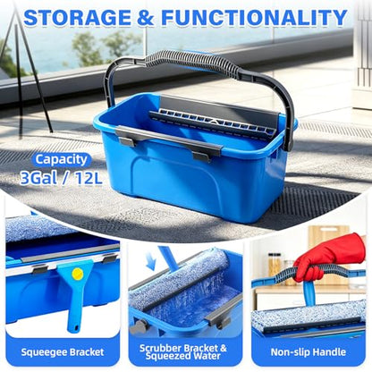 Window Cleaning Kit with Bucket, Squeegee and Scrubber for Home Outdoor