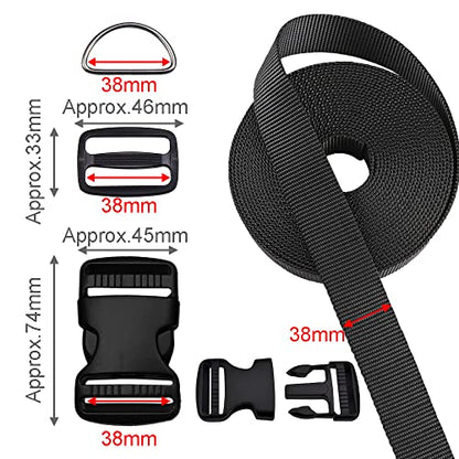 CooBigo 1.5 Inch Buckles Straps Set 6 Yards 1.5 Inch Black Nylon Webbing Strap 6 Pcs Quick Side Release Plastic Buckle Dual Adjustable 12pcs Tri-glide Slide Clip 12 Pcs Metal D Rings - color: 1-1/2"sets