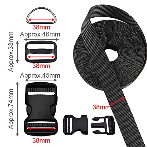 CooBigo 1.5 Inch Buckles Straps Set 6 Yards 1.5 Inch Black Nylon Webbing Strap 6 Pcs Quick Side Release Plastic Buckle Dual Adjustable 12pcs Tri-glide Slide Clip 12 Pcs Metal D Rings - color: 1-1/2"sets
