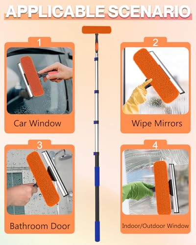 26FT Reach Window Squeegee for Window Cleaning Kit with 5-20 Foot Telescoping Extension Pole, 2 in 1 Window Squeegee, Cobweb Duster, Dust Kit Window Washing Kit for Car, Shower Glass Door