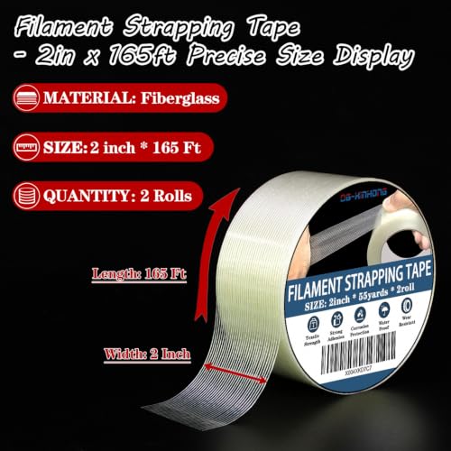 2 Rolls Filament Strapping Tape, 2'' x 55yds x 5.5mil Reinforced Fiberglass Heavy Duty Packing Strips,Resistant for Shipping Fixing and Protection,Sealing,Waterproof - size: 2"×55 Yards×2rolls