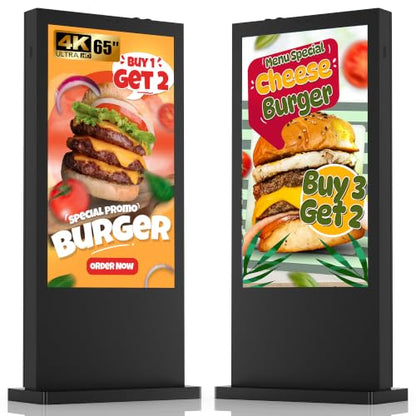 65 Inch Floor Standing Outdoor Digital Signage - IP65 Waterproof Display with 4500nits Brightness, WiFi/HDMI/USB Input for Retail, Subway & Restaurants