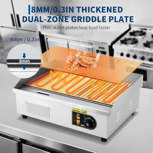 22” Commercial Electric Griddle, 120V 1750W Countertop Griddle, 120-570°F Adjustable Temp, Stainless Steel Electric Half-Flat Top Grill with Removable Drip Tray for Restaurant/Kitchen/Home - size: 22 inch (Half-Flat)