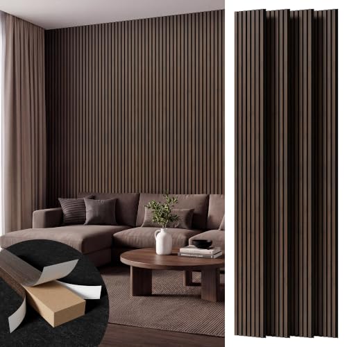 Amsleekey 4-Pack 108″x11″ Acoustic Wood Wall Panels, 8 Hooks, Dark Walnut - color: Dark Walnut, size: 108 x 11 in - 4 pcs